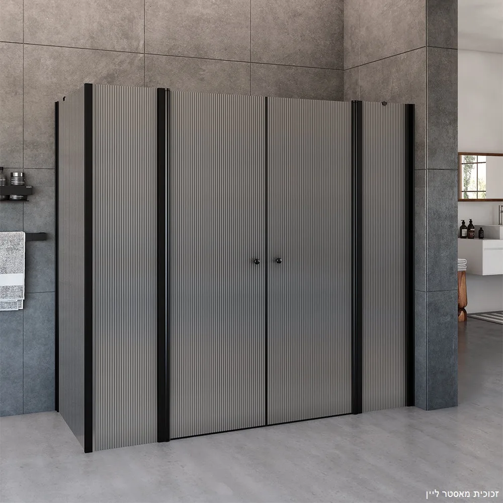 מקלחון פינתי 2 דפנות קבועות ו2 דלתות דופן צד קבועה ספילר זכוכית גלינה 75-260 סמ שחור מט - דור רפאל