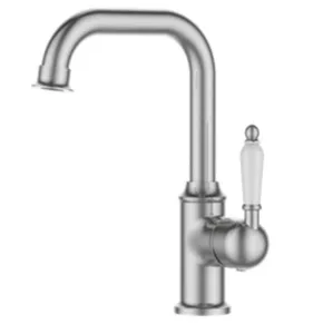 ברז פרח נמוך פיה מסתובבת ידית חרס לבנה ניקל מוברש 3681CB סיוון אופיר