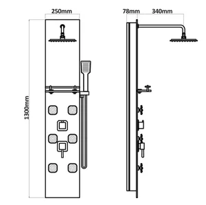 פנל רחצה למקלחת עם אינטרפוץ , 6 ג'טים מתכווננים ראש טוש ומזלף מרובע זכוכית לבנה 2428S סיוון אופיר