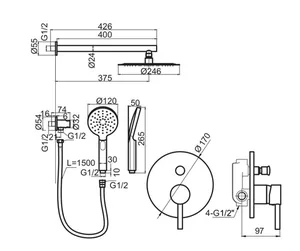 סט מקלחת 6 חלקים דגם מגנום ראש מקלחת אינטרפוץ 4 דרך זרוע מזלף 3 מצבים נקודת מים עם מתלה וצינור שחור מט MAGNUM-K סניטק
