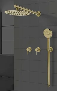 סט מקלחת 7 חלקים דגם פלומבה ראש מקלחת 2 אינטרפוץ 3 דרך זרוע מזלף 3 מצבים נקודת מים עם מתלה וצינור רוז גולד מוברש PLOMBA-RG סניטק