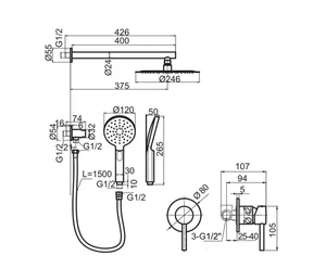 סט מקלחת 7 חלקים דגם פלומבה ראש מקלחת 2 אינטרפוץ 3 דרך זרוע מזלף 3 מצבים נקודת מים עם מתלה וצינור רוז גולד מוברש PLOMBA-RG סניטק