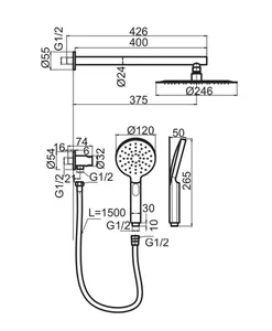 סט מקלחת דגם דנבר ראש מקלחת זרוע מזלף 3 מצבים נקודת מים עם מתלה וצינור ניקל מוברש DENVER-N סניטק
