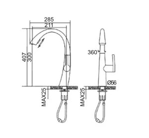 ברז מיקסר גבוה פיה מסתובבת מזלף נשלף דו מצבי ניקל - OB0801CH סניטק