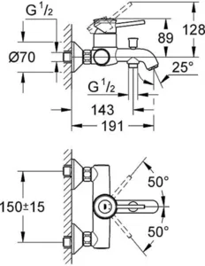 סוללה חיצונית לאמבט באו קלאסיק BAUCLASSIC כרום GROHE - גרואה 32865000 GROHE גרואה