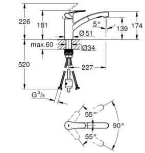 ברז פרח למטבח מזלף נשלף שני מצבים יורוסמארט EUROSMART כרום GROHE - גרואה 30305001 GROHE גרואה