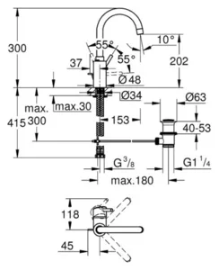 ברז פרח נשלף גבוה + ונטיל קונצ'טו Concetto שני מצבים כרום GROHE - גרואה 32629002 GROHE גרואה