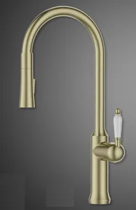 ברז מטבח נשלף 2 מצבי זרימה ידית חרס לבנה זהב מט 1457YB סיוון אופיר