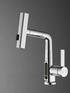 ברז מטבח נשלף 3 מצבי זרימה וצג דיגיטלי ניקל מבריק 1024 סיוון אופיר