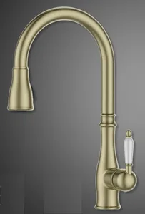 ברז מטבח נשלף 2 מצבי זרימה ידית חרס לבנה זהב מט 1454YB סיוון אופיר