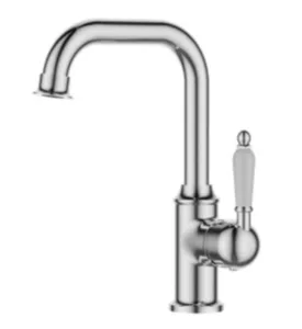 ברז פרח נמוך פיה מסתובבת ידית חרס לבנה ניקל מבריק 3681 סיוון אופיר