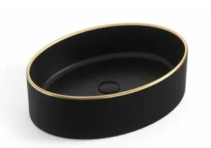 כיור חרס מונח אובלי 50X35.5X14 ס"מ שחור מט + פס זהב 9853MBG סיוון אופיר