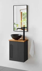 ארון תלוי דגם אקסל - EXCEL עומק 26 ס"מ עם משטח בוצ'ר + כיור בוטיק שחור מט 43 ס"מ סניטק