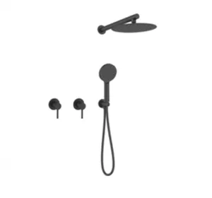 סט מקלחת 7 חלקים דגם פלומבה ראש מקלחת 2 אינטרפוץ 3 דרך זרוע מזלף 3 מצבים נקודת מים עם מתלה וצינור שחור מט PLOMBA-K סניטק