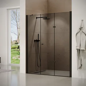 מקלחון חזית דלת הרמוניקה + דופן קבועה זכוכית אפורה קאסטל 96-158 ס"מ שחור מט DorRaphael