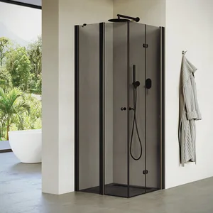 מקלחון פינתי דופן קבועה ודלת + דלת הרמוניקה זכוכית אפורה טולוז 66-98 ס"מ שחור מט DorRaphael